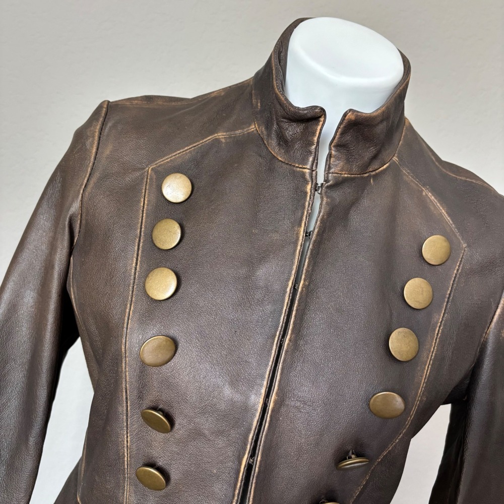 Vintage Newport News Distressed Brown 100% Leather Military Steampunk Jacket - Picture 2 of 9